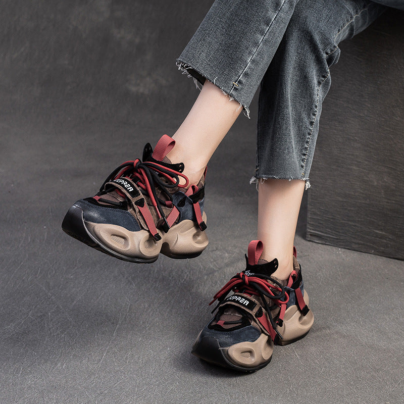 Women Retro Patchwork Leather Chunky Platform Sneakers-RAIIFY