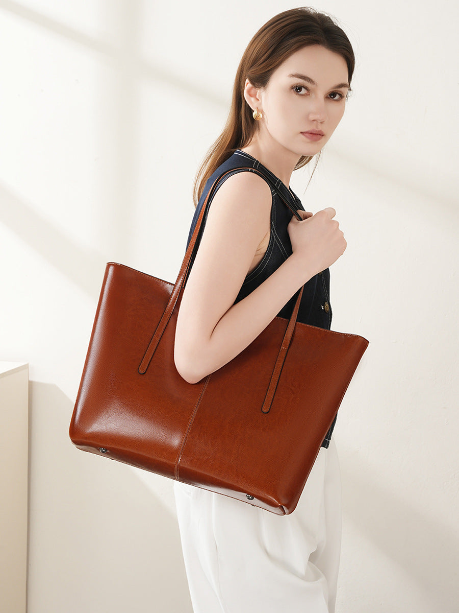 Women's Plain Leather Large Capacity Shoulder Tote Bag-RAIIFY