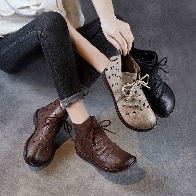 Women Soft Plain Hollow Leather Casual Flat Ankle Boots-RAIIFY