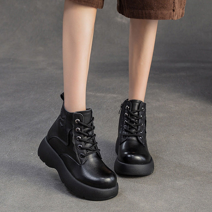 Women's Retro Plain Leather Platform Ankle Snow Boots-RAIIFY