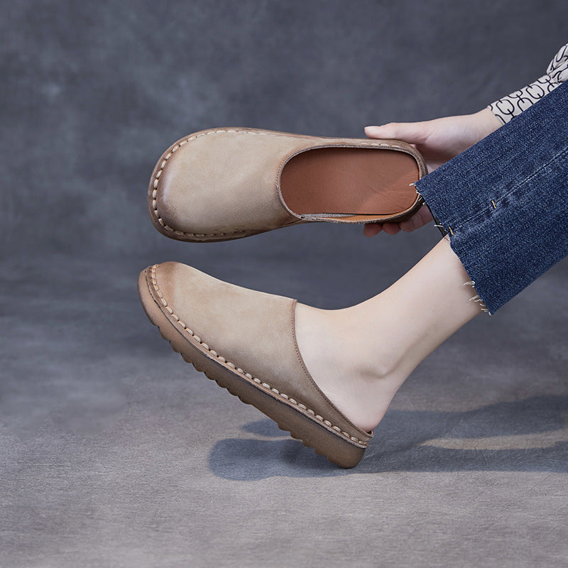 Women Retro Solid Leather Casual Mules-RAIIFY