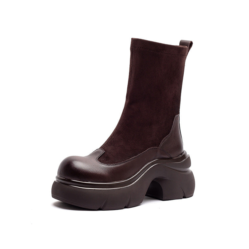 Women's Minimalist Retro Leather Elastic Mid-Calf Boots-RAIIFY