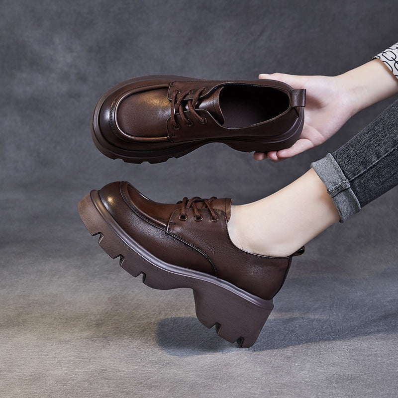 Women Retro Leather Lace-up Platform Loafers-RAIIFY