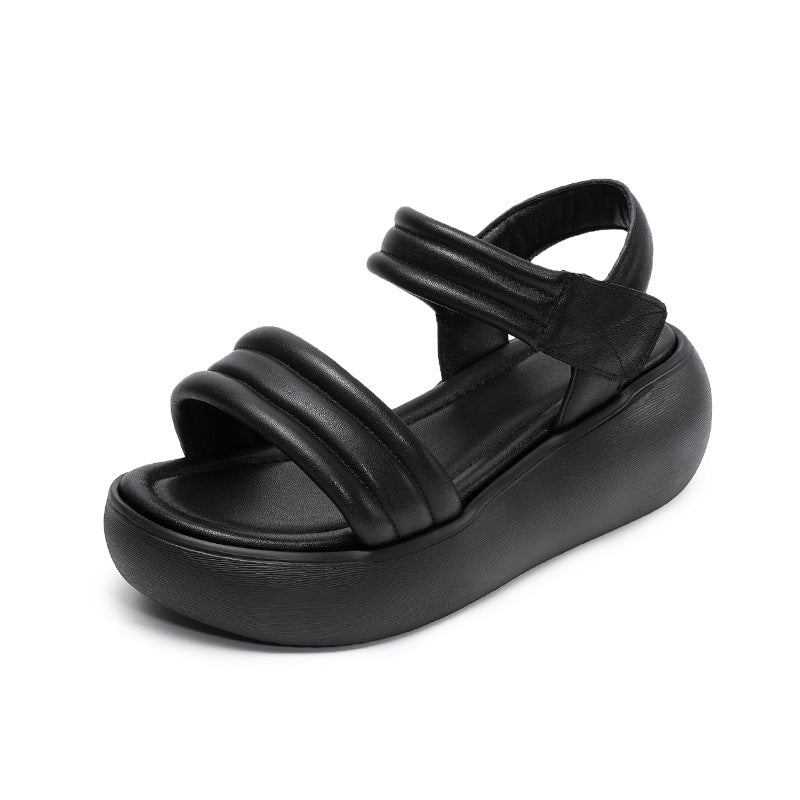 Women Minimalism Plain Leather Velcro Platform Sandals-RAIIFY