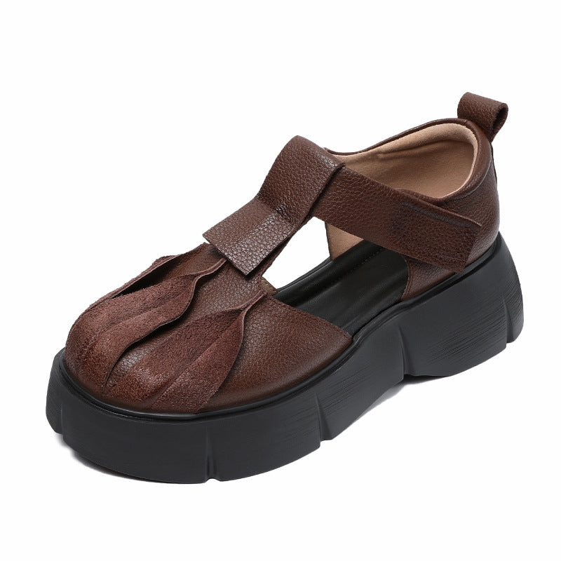 Women Retro Plain Leather Platform Velcro Tape Sandals-RAIIFY