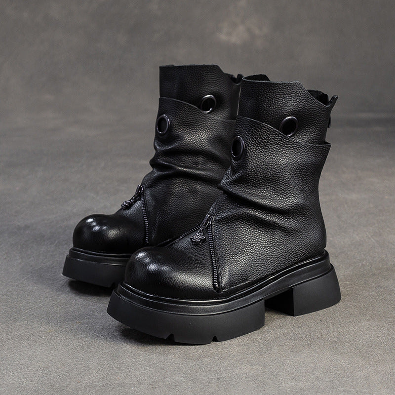 Women's Minimalist Leather Retro Casual Motorcycle Boots-RAIIFY