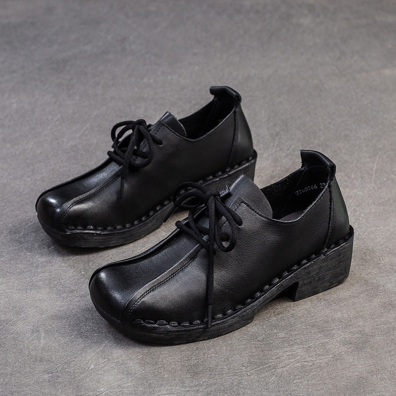Women Retro Leather Low Block Casual Shoes-RAIIFY