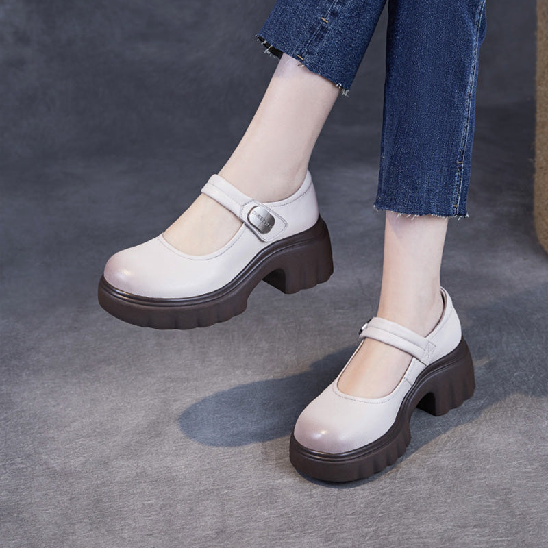 Women Fashion Leather Buckle Velcro Tape Mary Jane Shoes-RAIIFY
