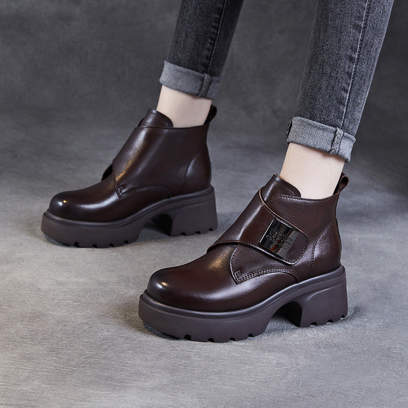 Women Retro Velcro Tape Leather Platform Ankle Boots-RAIIFY