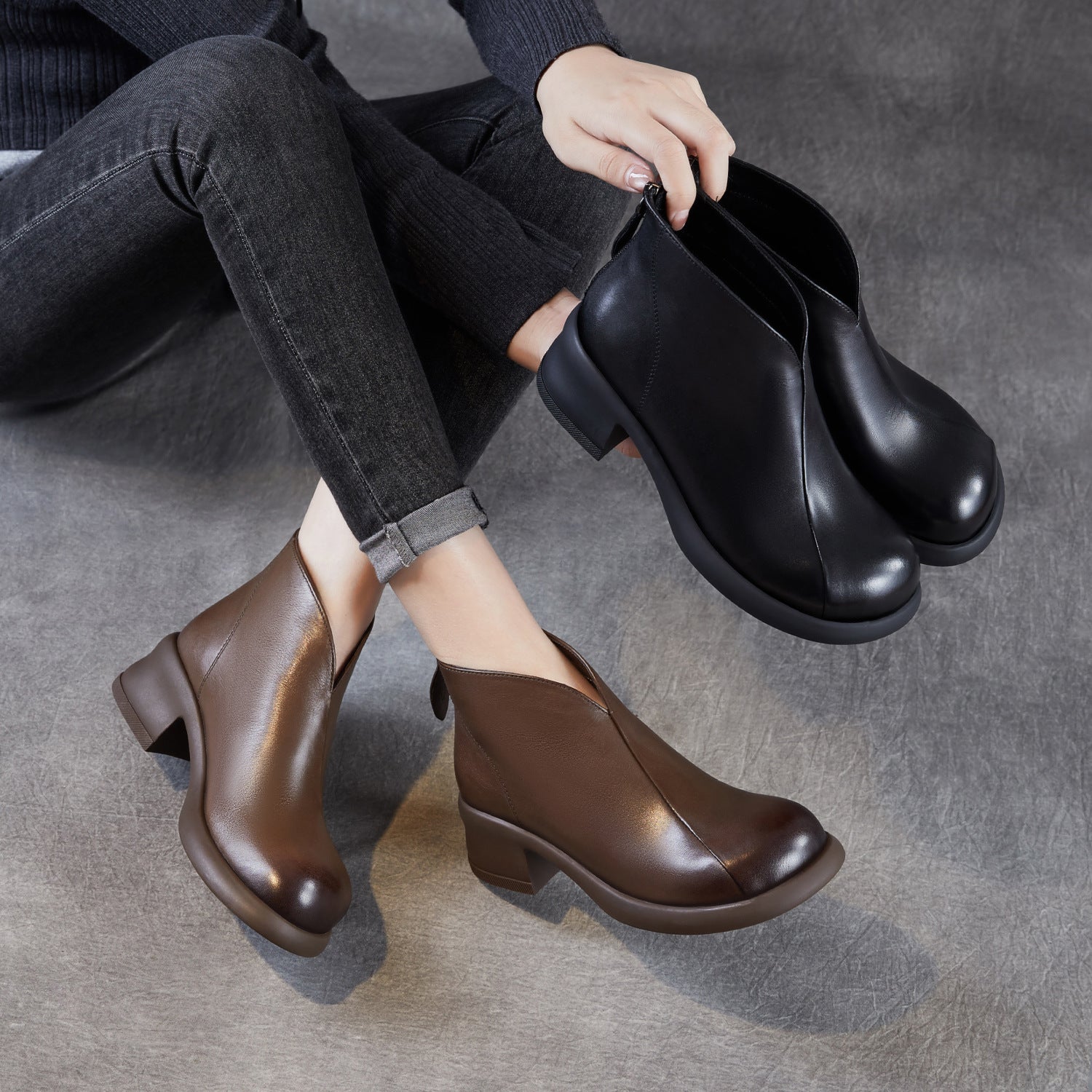 Women's Retro Plain Leather Low Block Ankle Boots-RAIIFY