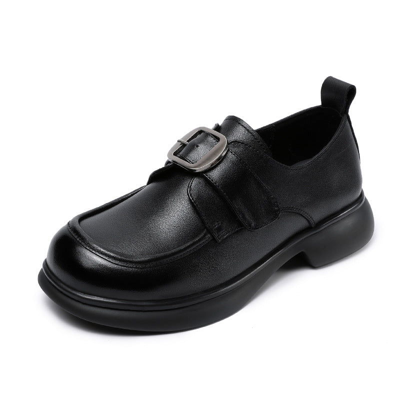 Women Minimalism Solid Leather Buckle Casual Loafers-RAIIFY