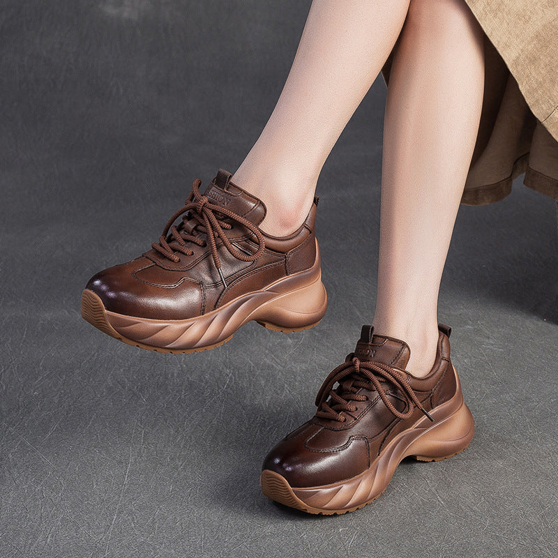 Women's Minimalism Plain Leather Platform Casual Sneakers-RAIIFY