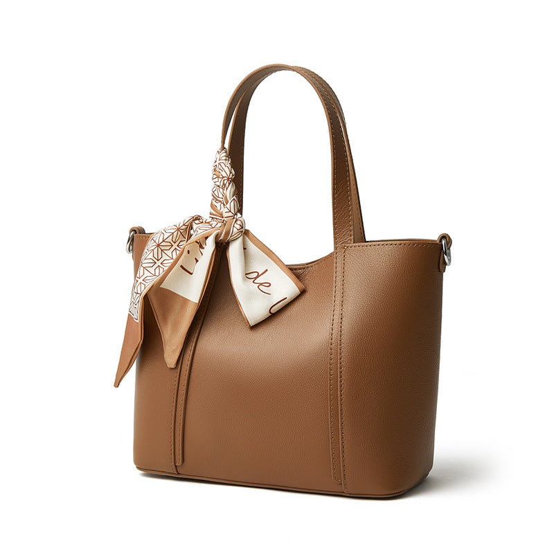 Women’s Elegant Plain Leather Silk Scarf Tote Bag-RAIIFY
