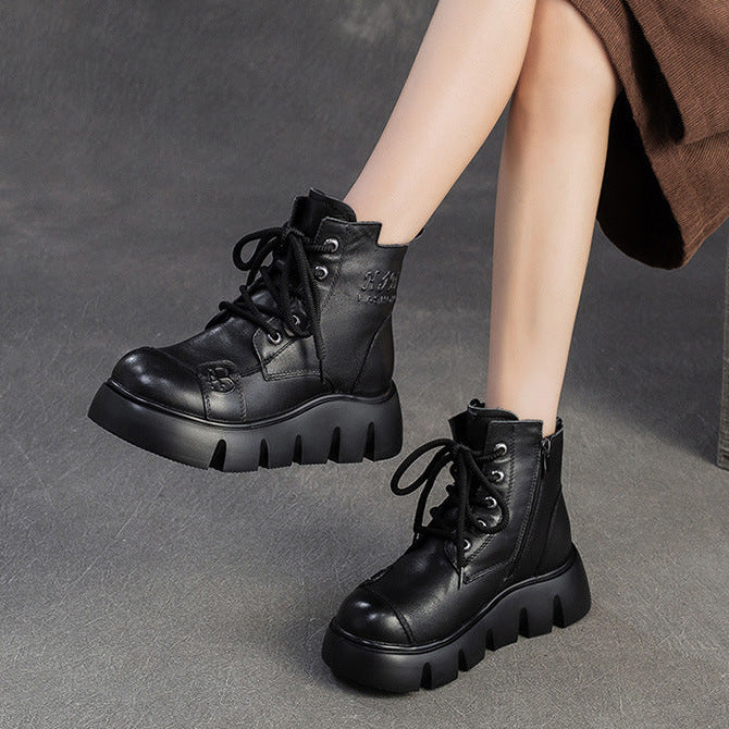 Women's Retro Plain leather Platform Furred Snow Boots-RAIIFY