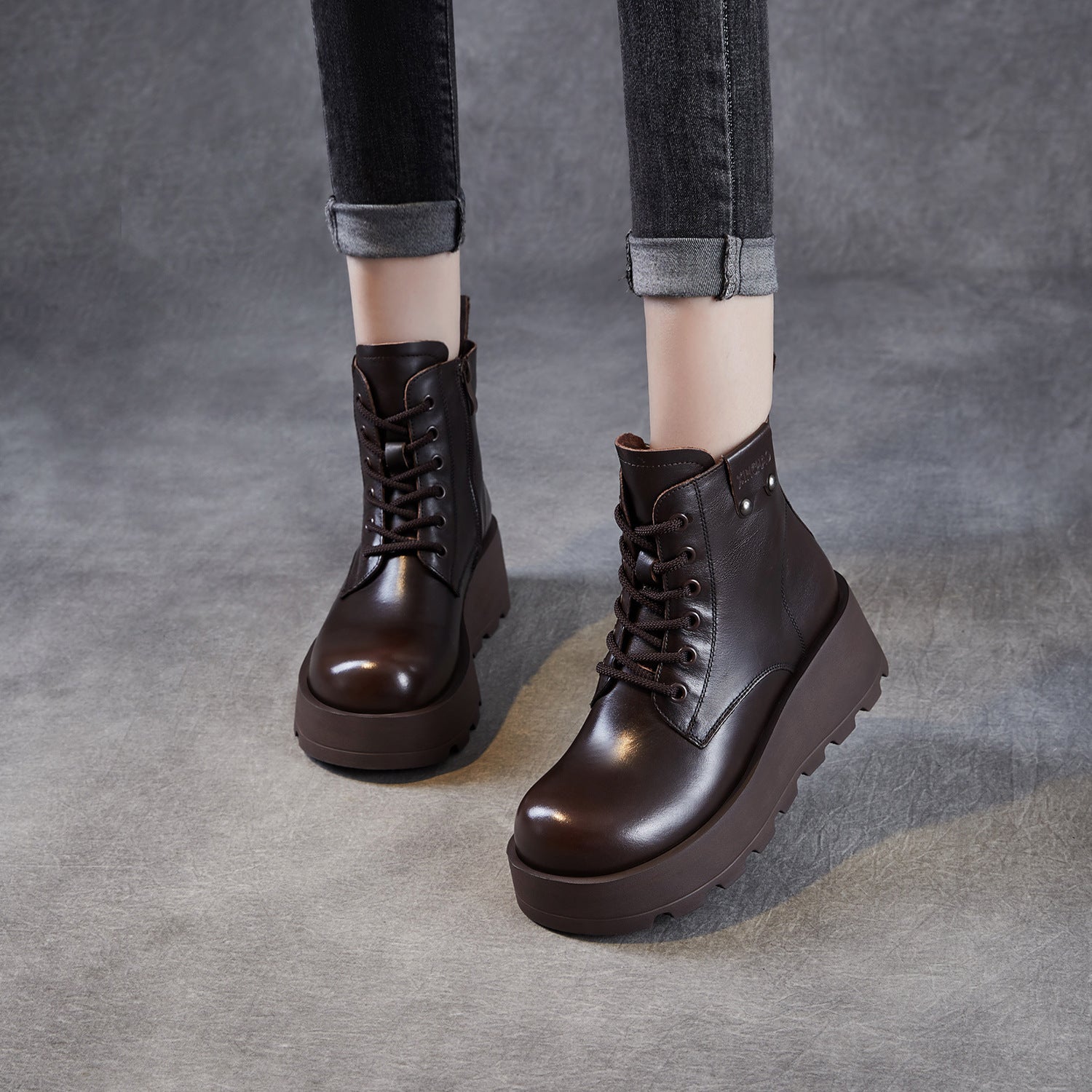 Women's Vintage Plain Leather Platform Boots-RAIIFY