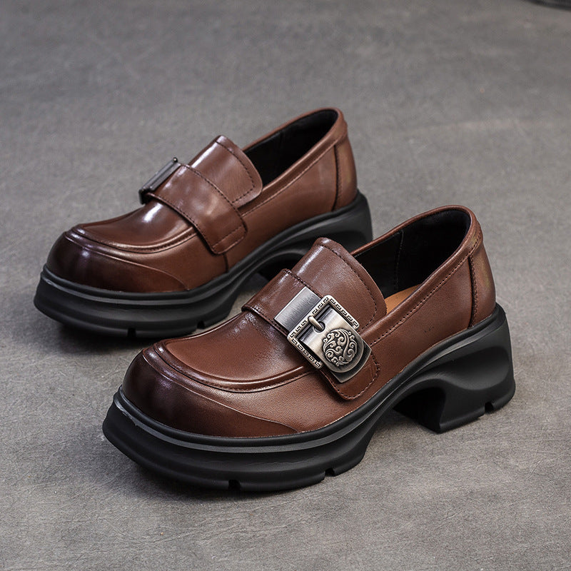 Women Retro Buckle Leather Chunky Heel Loafers-RAIIFY