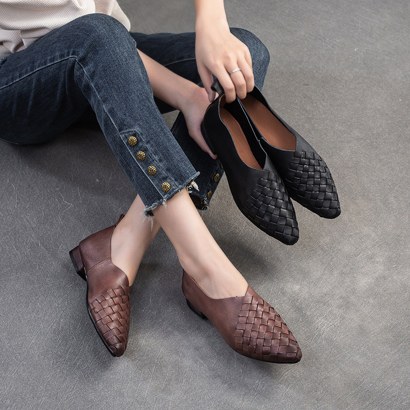 Women Retro Soft Plaited Leather Pointed-Toe Casual Shoes-RAIIFY