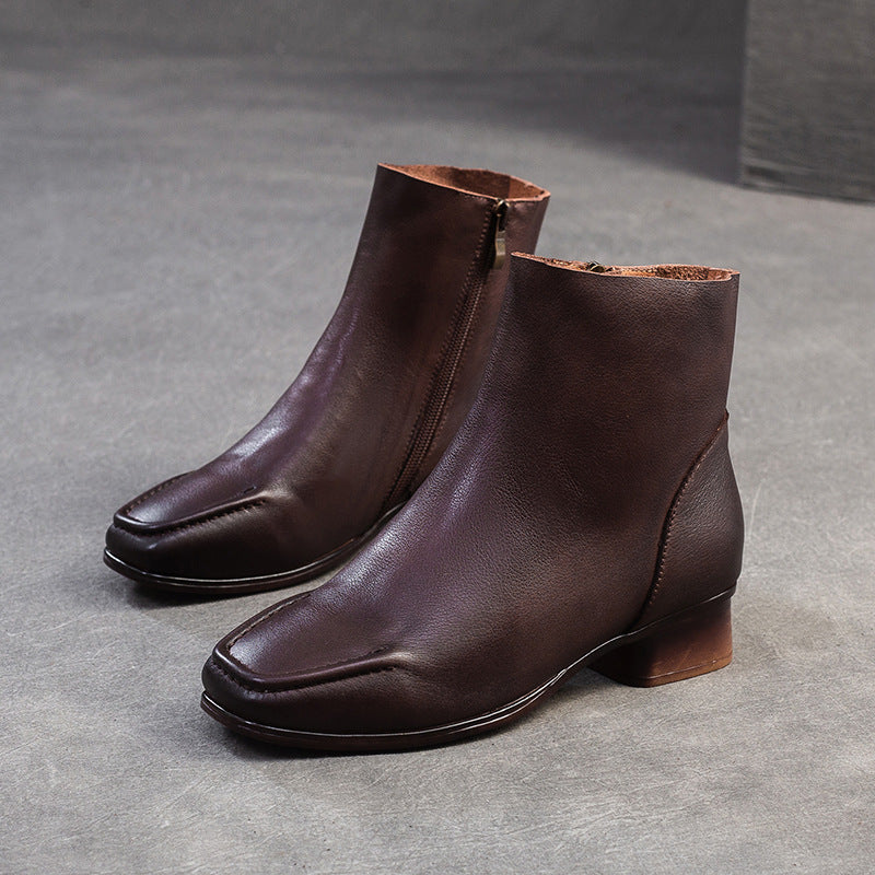 Women's Retro Soft Leather Comfort Low Block Ankle Boots-RAIIFY