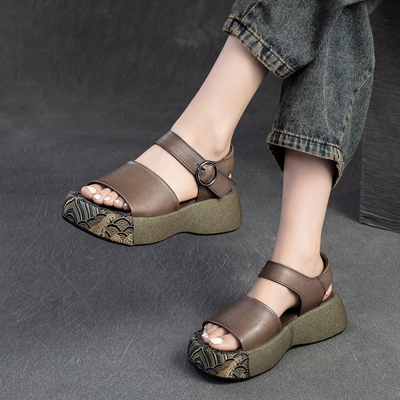 Women Retro Pattern Leather Thick Soled Casual Sandals-RAIIFY