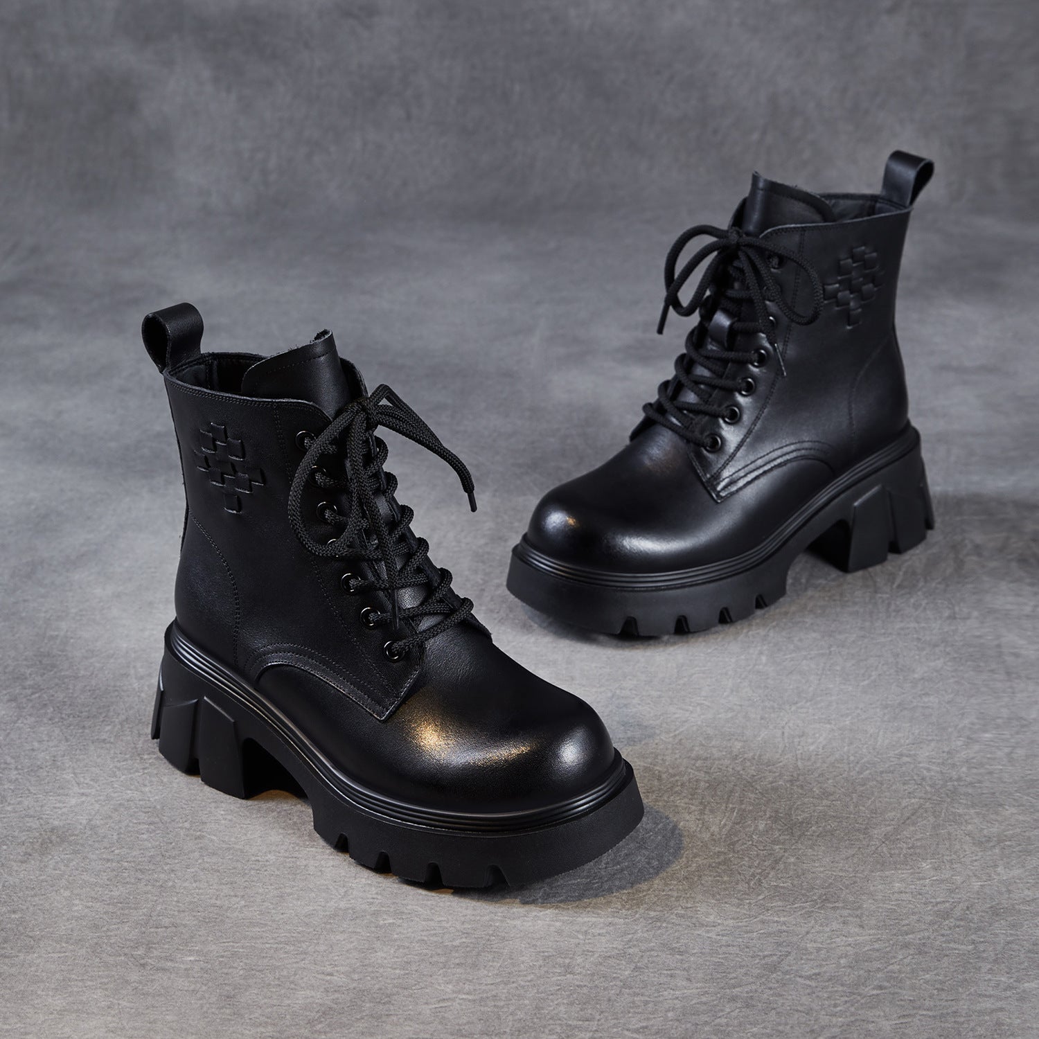 Women's Plain Embossed Leather Chunky Platform Boots-RAIIFY