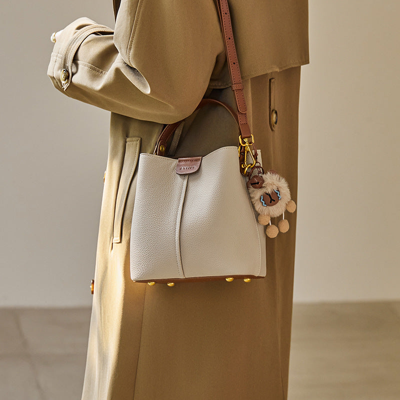 Women's Stylish Casual Leather Bucket Bag with Charm-RAIIFY