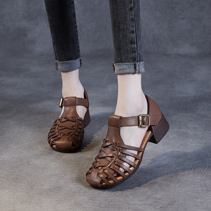 Women Retro Plaited Leather Summer Low Block Sandals-RAIIFY