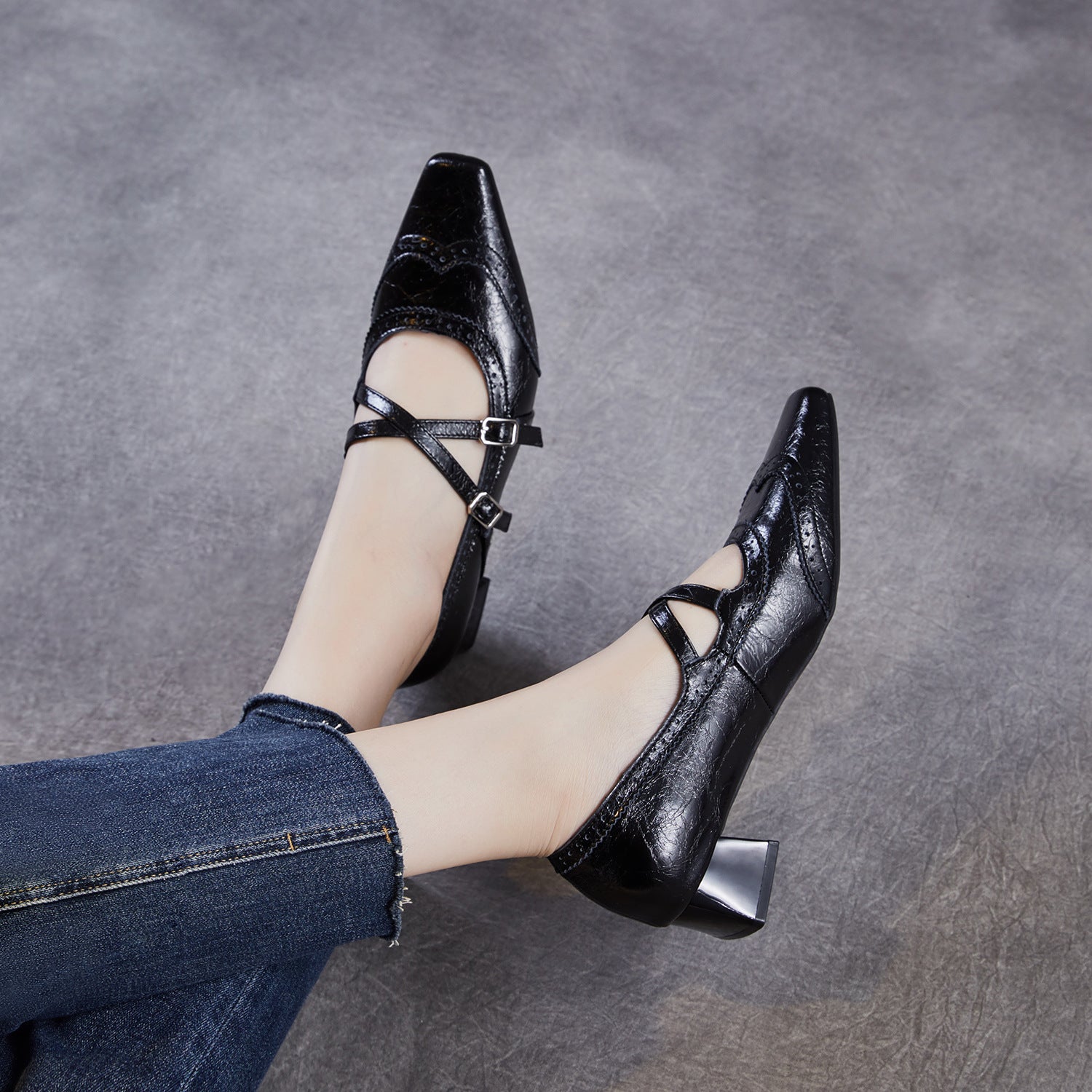 Women's French Style Top Grain Cowhide Square Toe Mary Jane Pumps-RAIIFY