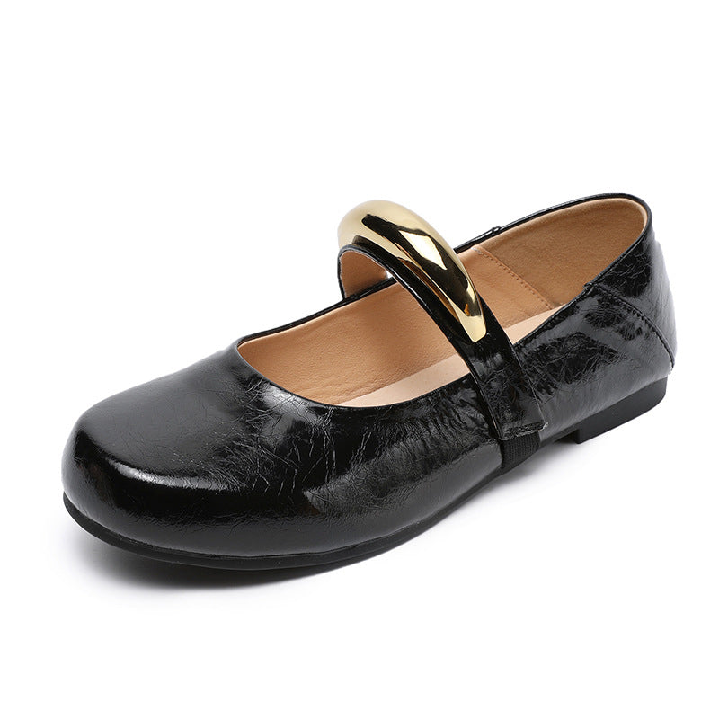 Women Plain Leather Flat Low Top Mary Jane Shoes-RAIIFY