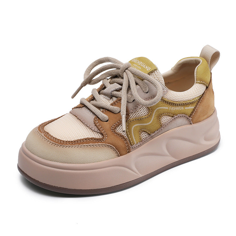 Women Fashion Patchwork Leather Mesh Flat Sneakers-RAIIFY