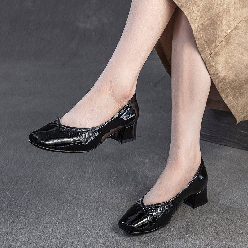 Women's Plain Leather Low Top Chunky Heel Pumps-RAIIFY