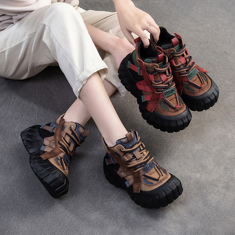 Women Color Matching Leather High-Top Platform Casual Shoes-RAIIFY