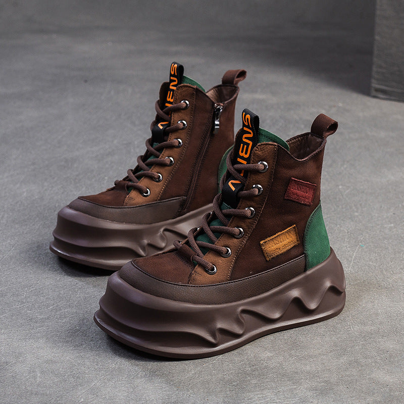 Women Retro Color Matching Leather Winter Platform Boots-RAIIFY