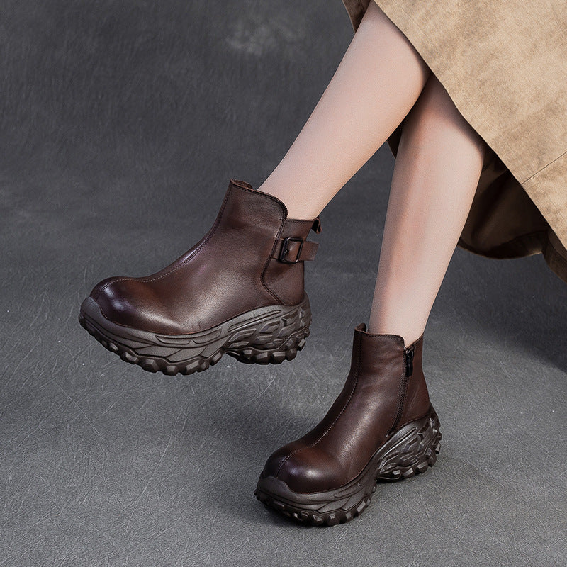 Women's Vintage Chunky-Sole Leather Ankle Boots-RAIIFY