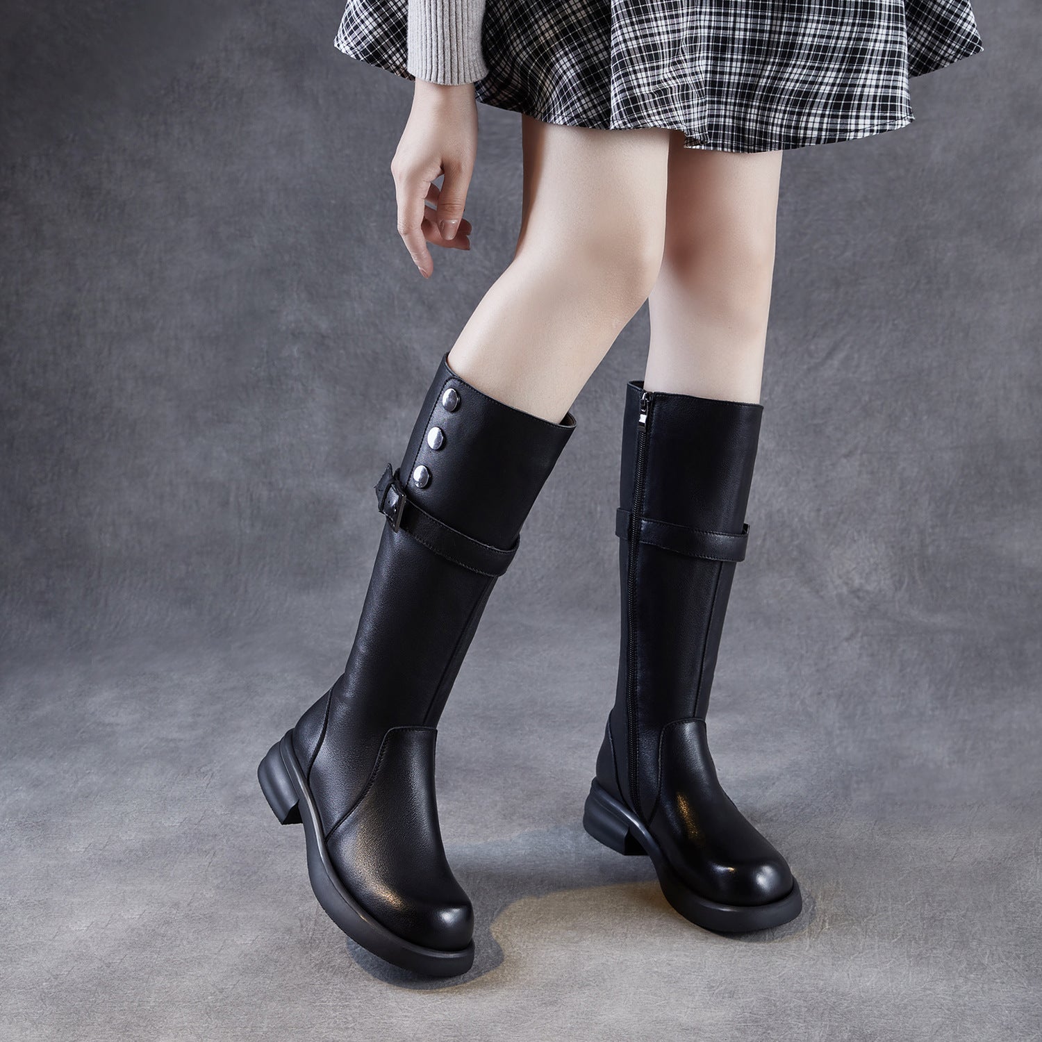 Women's Plain Soft Cowhide Comfort Riding Boots-RAIIFY