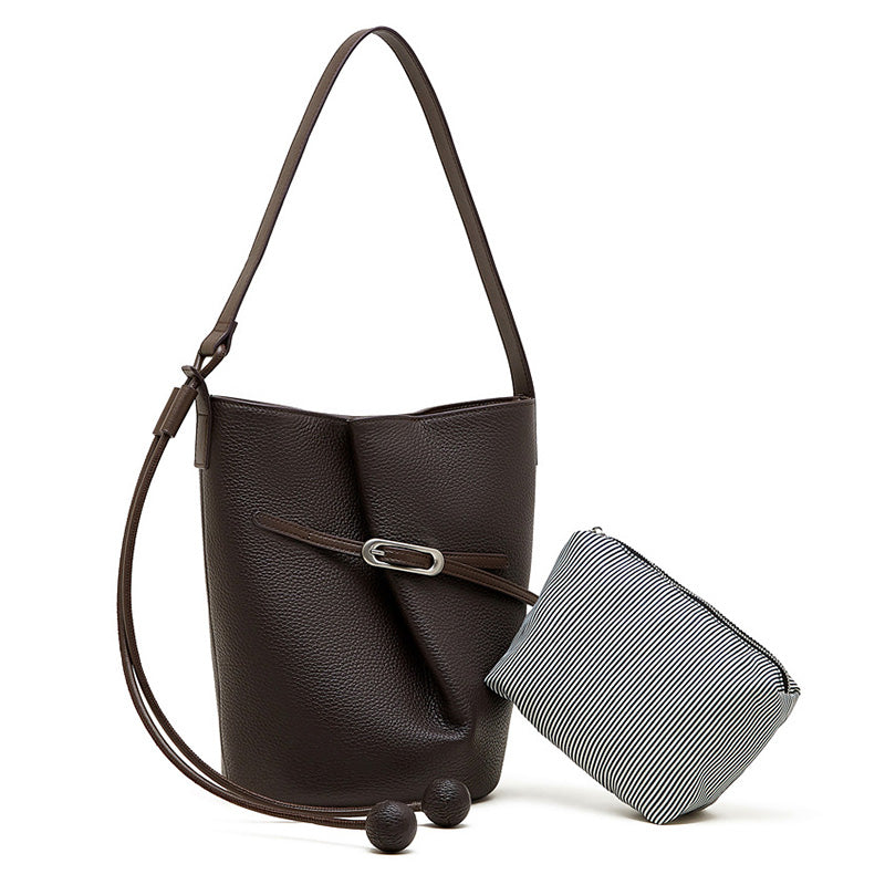 Women's Retro Plain Leather Bucket Bag-RAIIFY