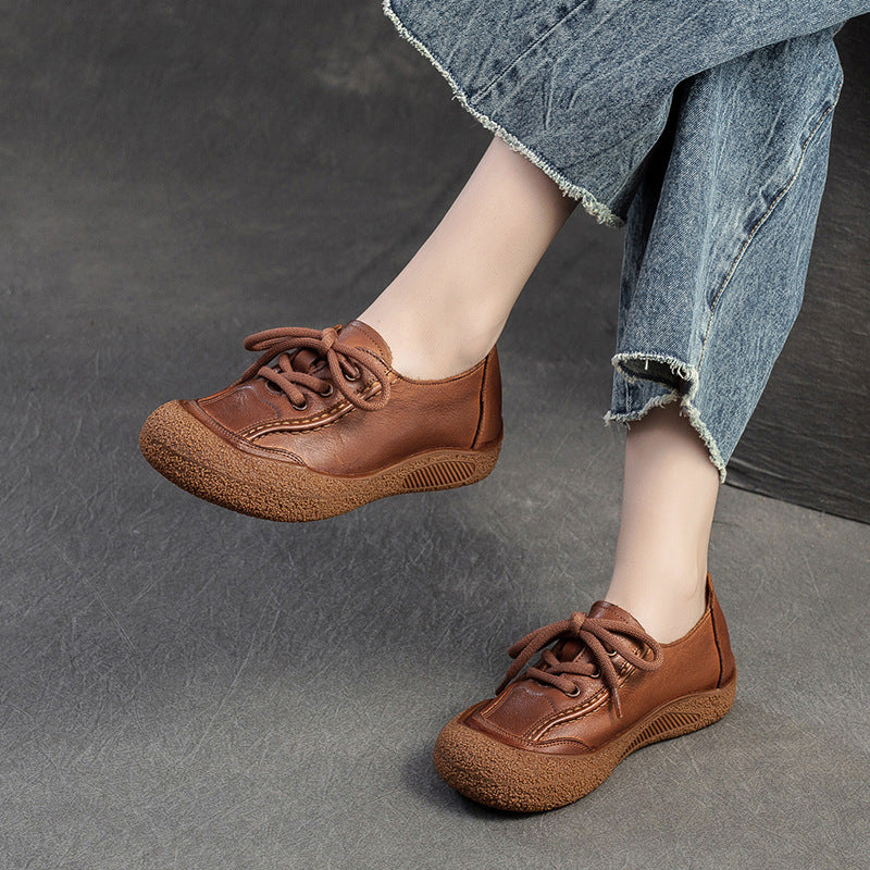 Women Retro Leather Lace-up Flat Casual Shoes-RAIIFY