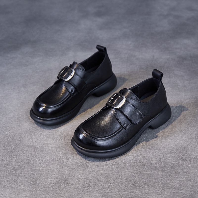 Women Minimalism Solid Leather Buckle Casual Loafers-RAIIFY