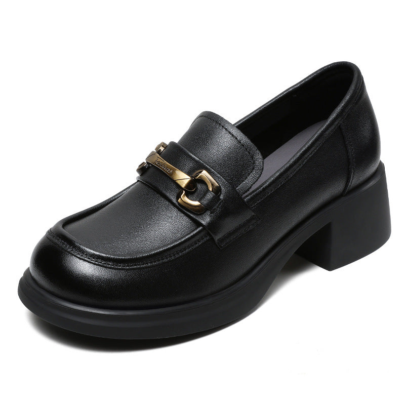 Women Retro Leather Chain Chunky Heel Loafers-RAIIFY