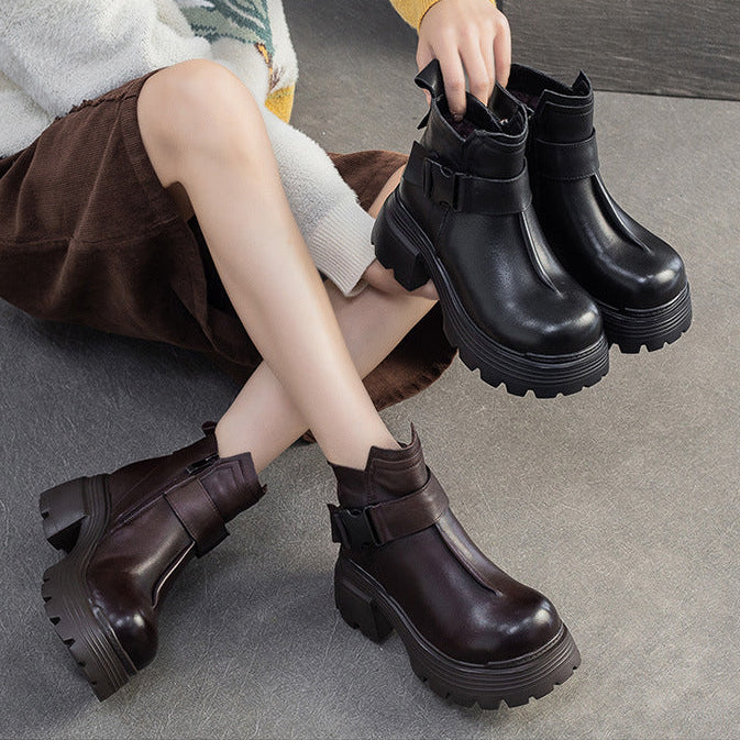 Women's Minimalist Plain Leather Buckle Furred Snow Boots-RAIIFY