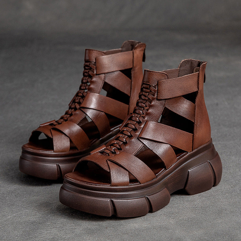 Women's Retro Plaited Leather High Top Platform Sandals-RAIIFY