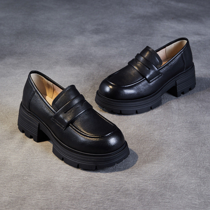 Women Minimalist Comfort Leather Platform Black Loafers-RAIIFY