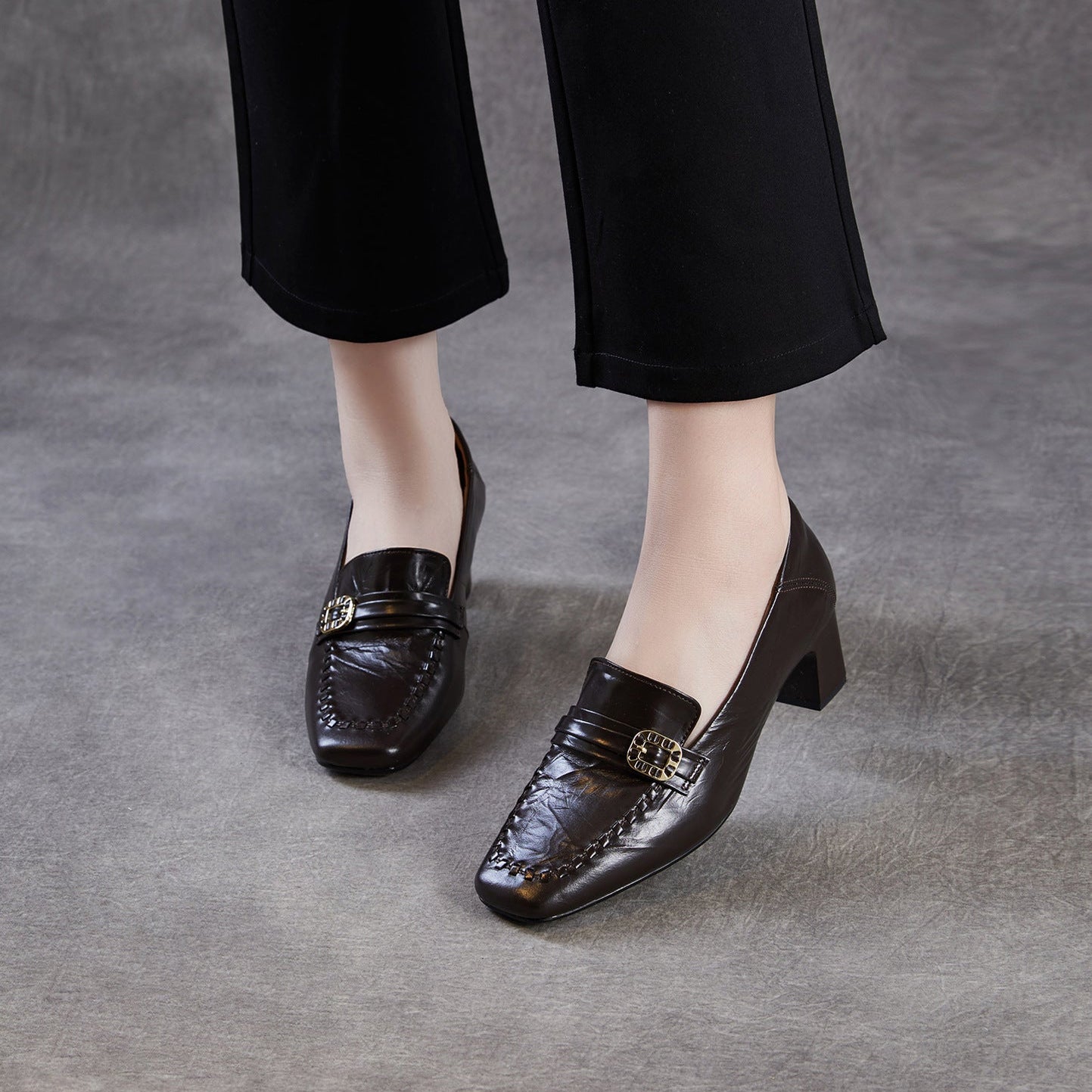 Women's Vintage Leather Block Heel Loafers-RAIIFY