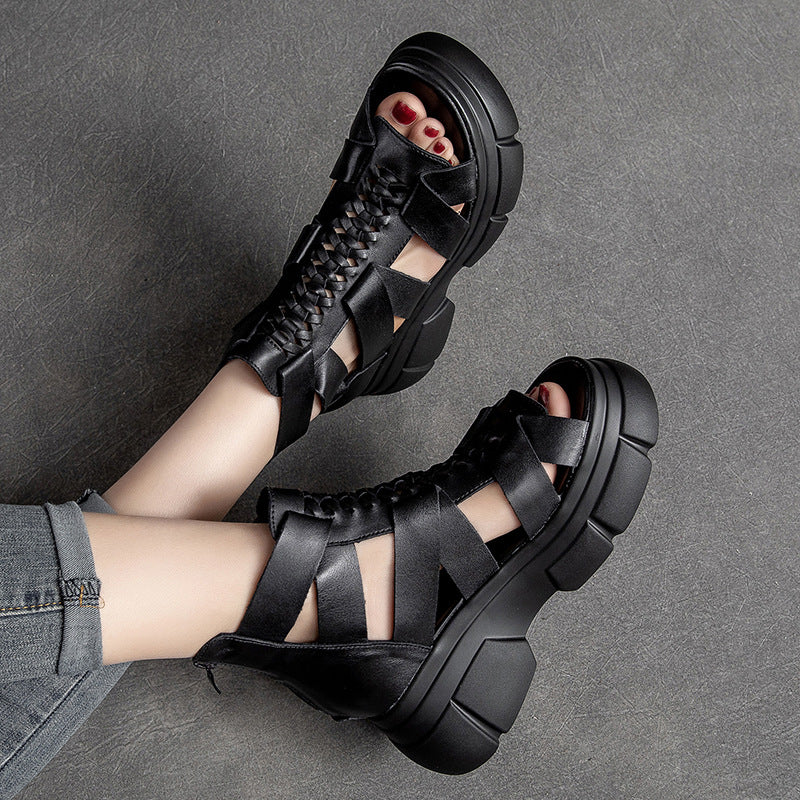 Women's Retro Plaited Leather High Top Platform Sandals-RAIIFY