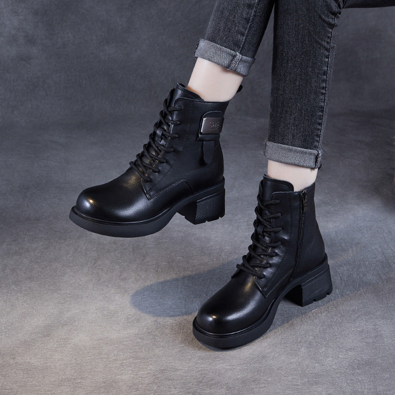 Women Retro Solid Leather Low Block Ankle Boots-RAIIFY