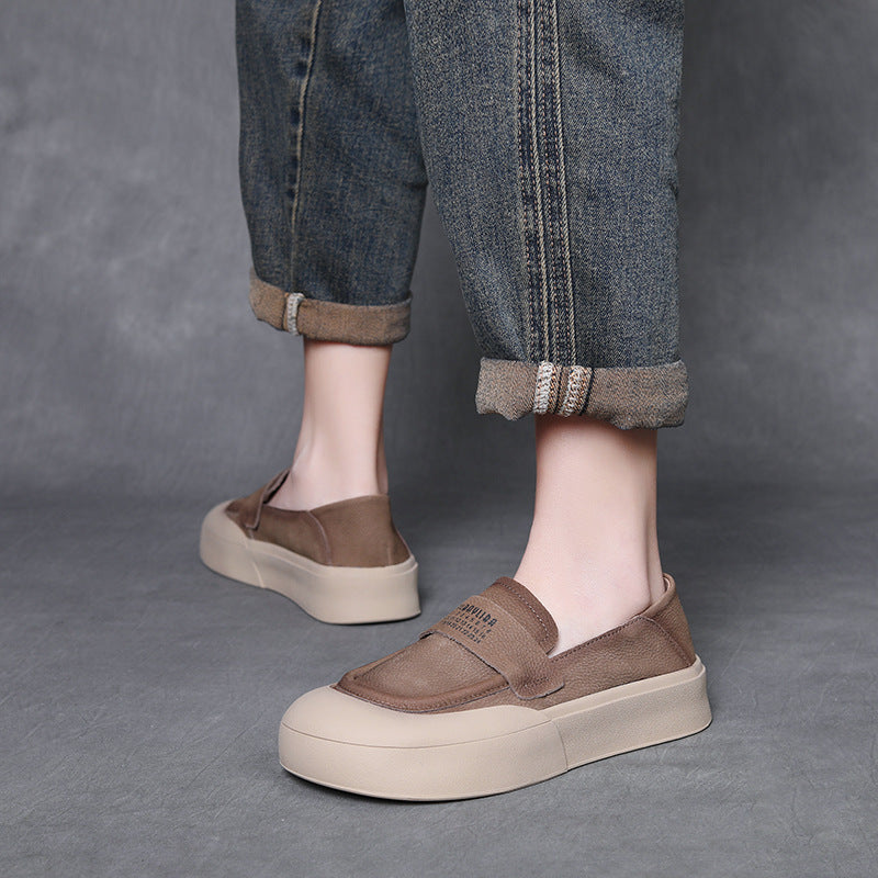 Women's Retro Plain Leather Flat Casual Loafers-RAIIFY