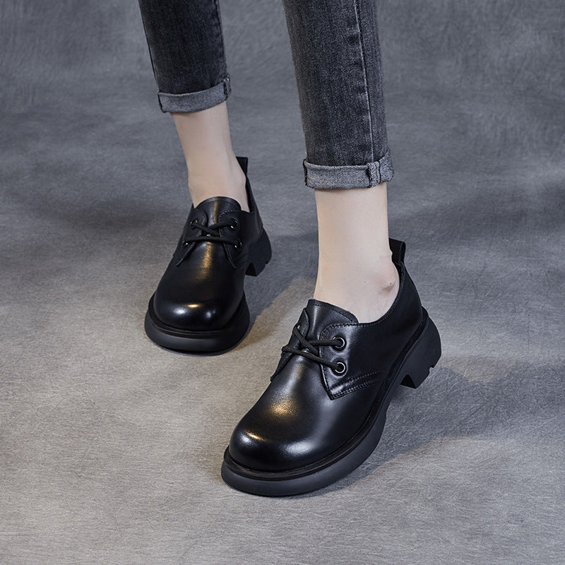 Women Retro Solid Leather Casual Lace-up Loafers-RAIIFY