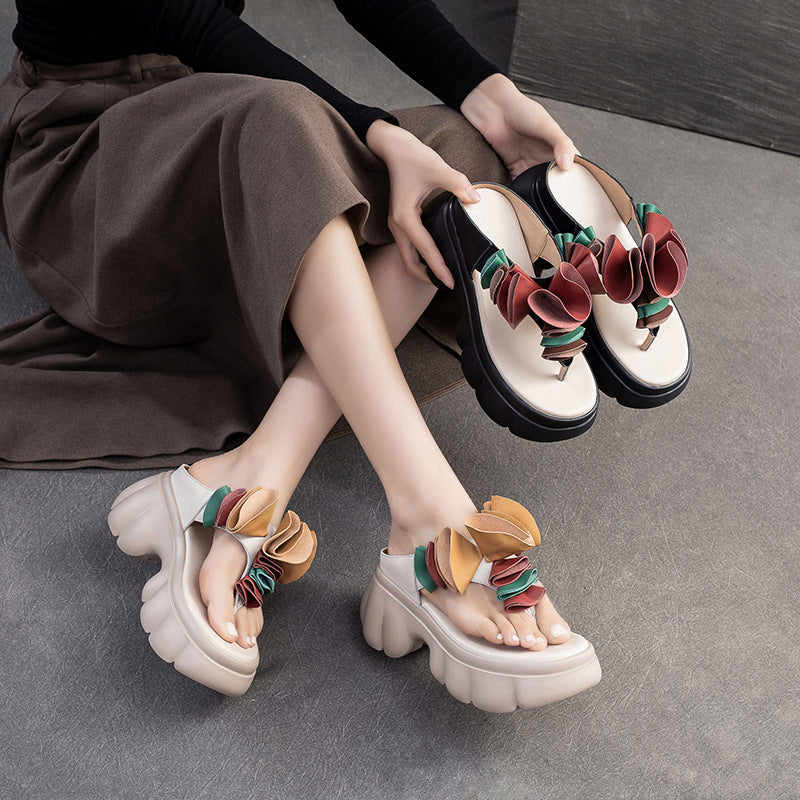 Women Summer Casual Leather Platform Slide Sandals-RAIIFY