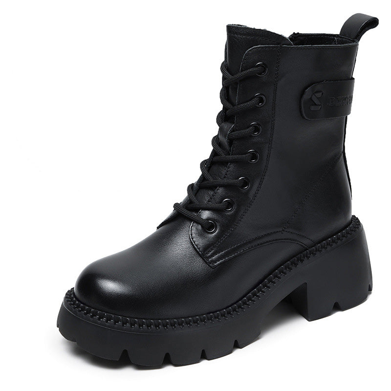 Women Retro Soft Leather Chunky Heel Boots-RAIIFY