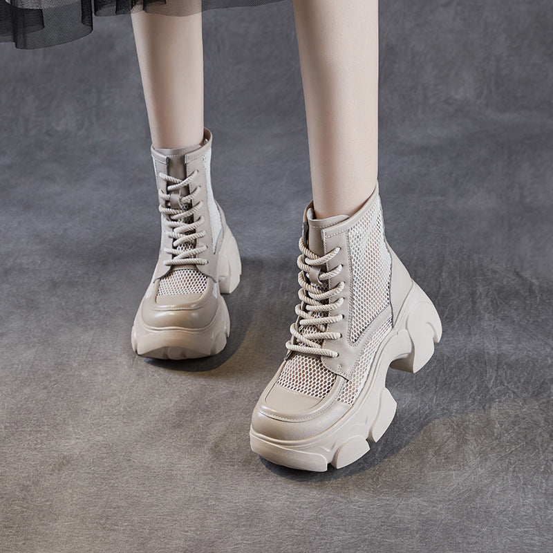 Women Casual Plain Hollow Mesh Leather Platform Boots-RAIIFY
