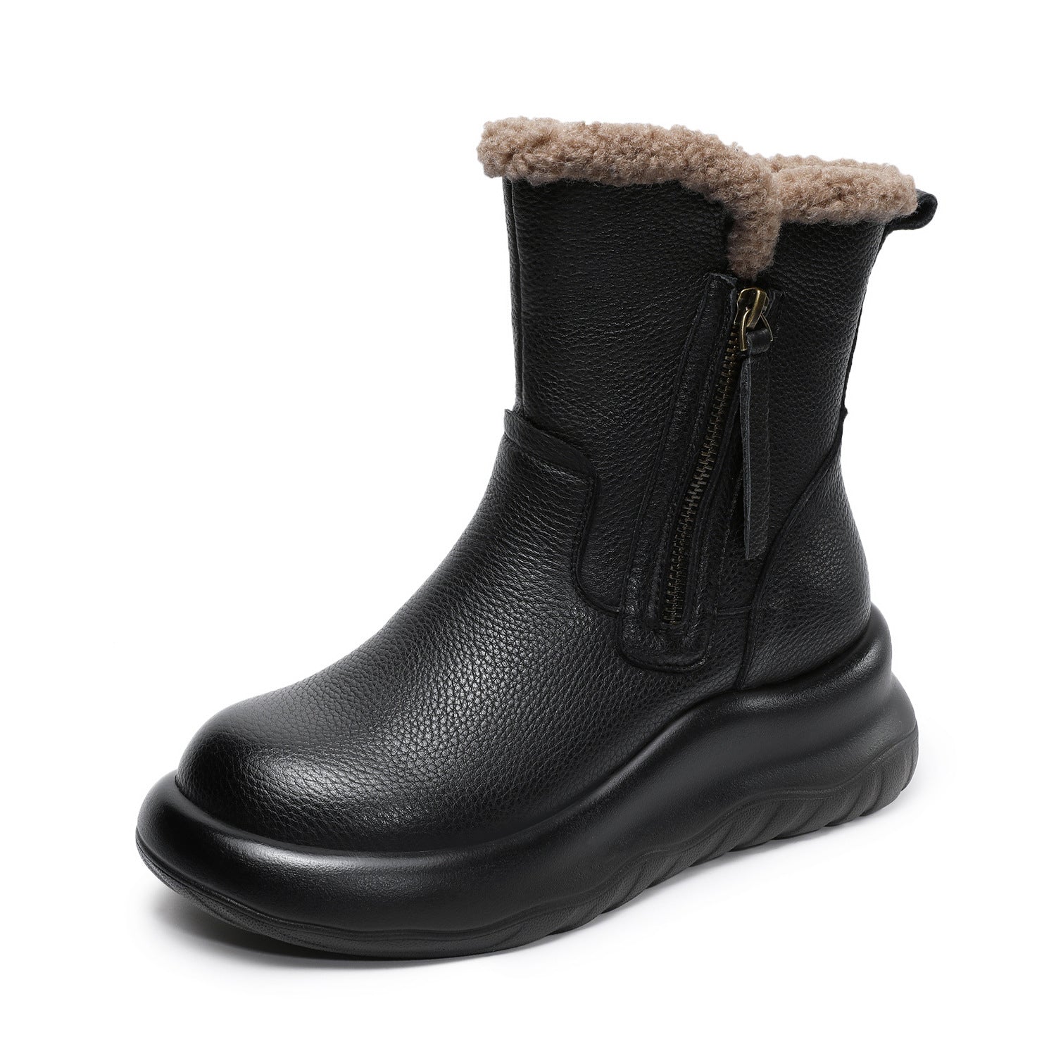 Women's Vintage Leather Furred Mid-Calf Snow Boots-RAIIFY
